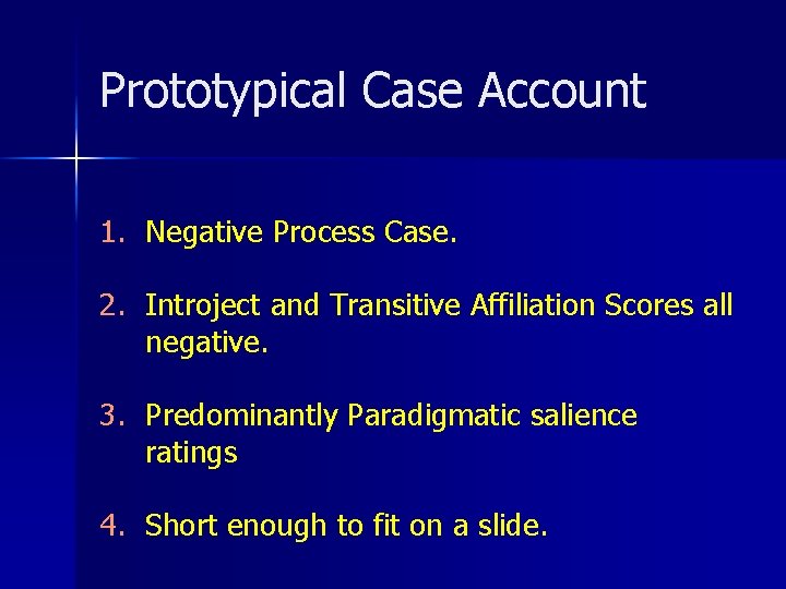 Prototypical Case Account 1. Negative Process Case. 2. Introject and Transitive Affiliation Scores all