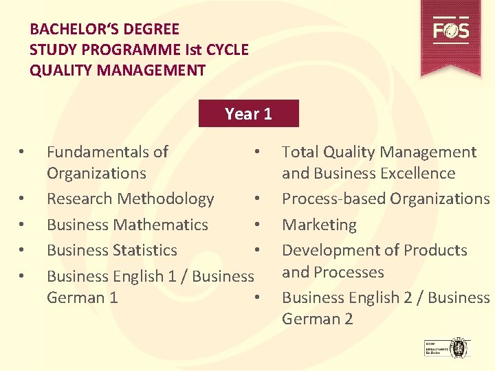 BACHELOR‘S DEGREE STUDY PROGRAMME Ist CYCLE QUALITY MANAGEMENT Year 1 • • • Fundamentals