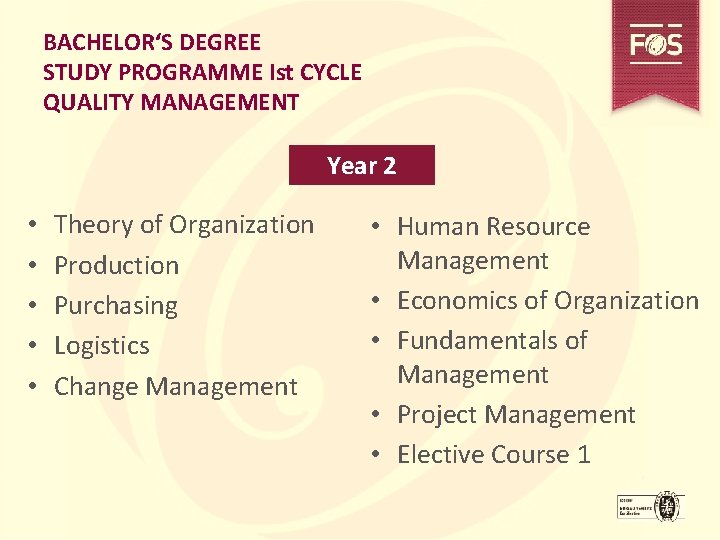 BACHELOR‘S DEGREE STUDY PROGRAMME Ist CYCLE QUALITY MANAGEMENT Year 2 • • • Theory