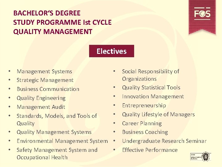 BACHELOR‘S DEGREE STUDY PROGRAMME Ist CYCLE QUALITY MANAGEMENT Electives Management Systems Strategic Management Business