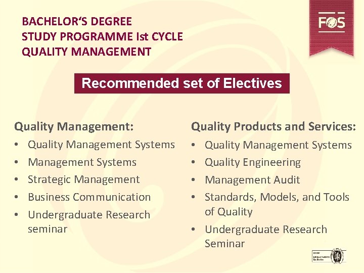 BACHELOR‘S DEGREE STUDY PROGRAMME Ist CYCLE QUALITY MANAGEMENT Recommended set of Electives Quality Management: