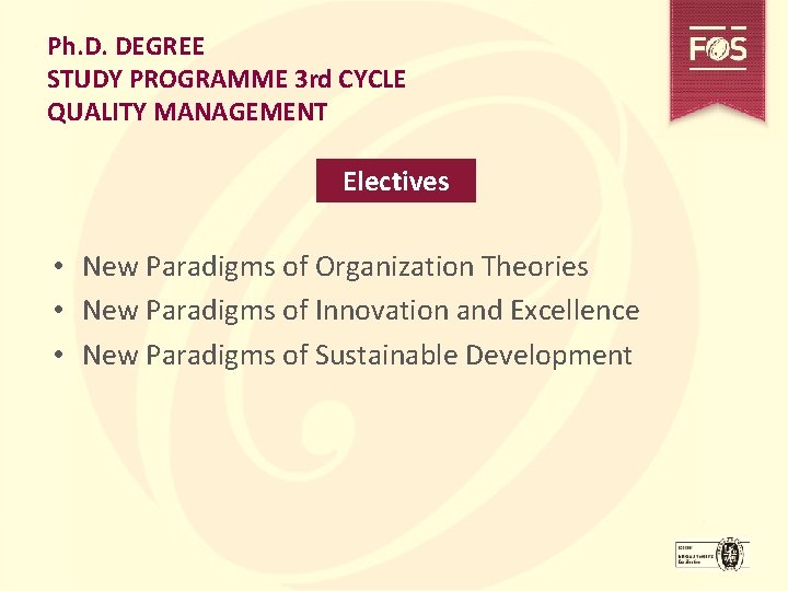 Ph. D. DEGREE STUDY PROGRAMME 3 rd CYCLE QUALITY MANAGEMENT Electives • New Paradigms