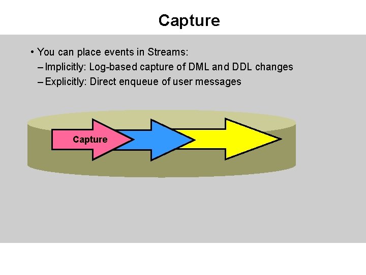 Capture • You can place events in Streams: – Implicitly: Log-based capture of DML