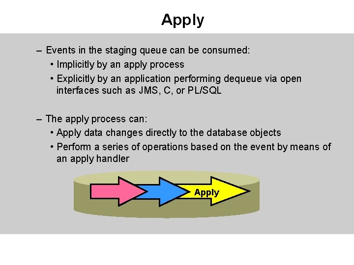 Apply – Events in the staging queue can be consumed: • Implicitly by an