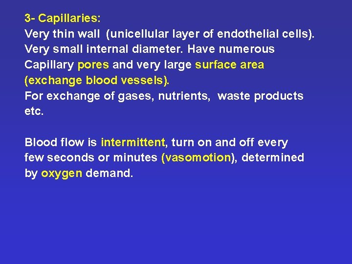 3 - Capillaries: Very thin wall (unicellular layer of endothelial cells). Very small internal