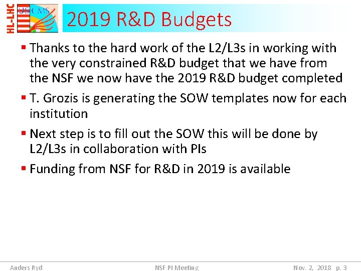 2019 R&D Budgets § Thanks to the hard work of the L 2/L 3