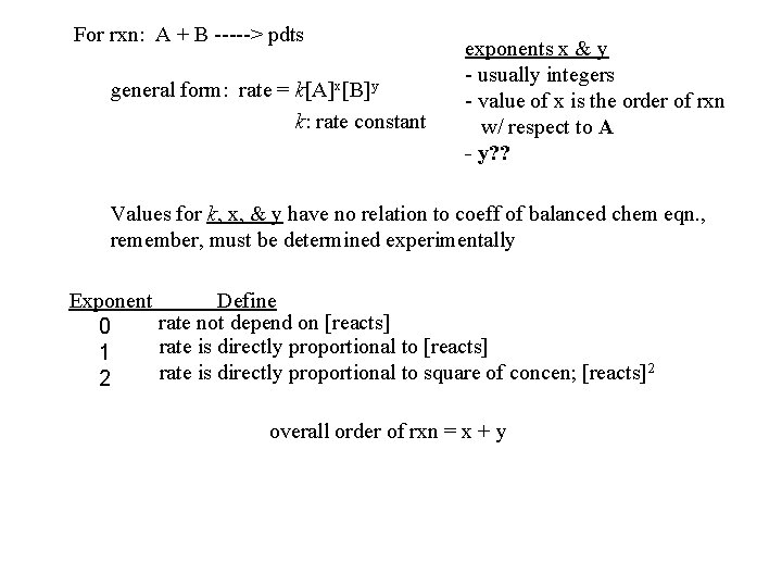 For rxn: A + B -----> pdts general form: rate = k[A]x[B]y k: rate