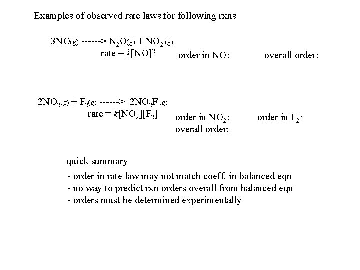 Examples of observed rate laws for following rxns 3 NO(g) ------> N 2 O(g)