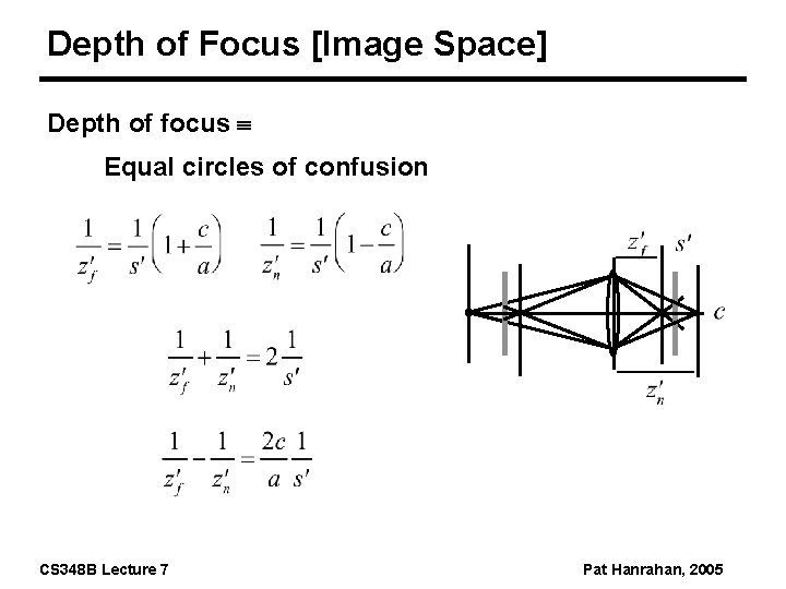 Depth of Focus [Image Space] Depth of focus Equal circles of confusion CS 348