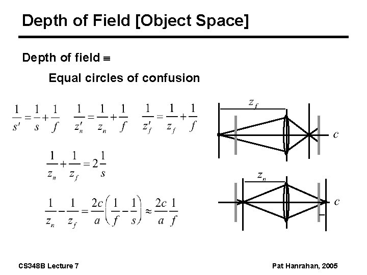 Depth of Field [Object Space] Depth of field Equal circles of confusion CS 348