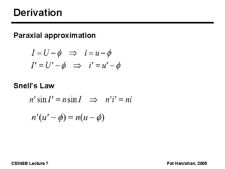 Derivation Paraxial approximation Snell’s Law CS 348 B Lecture 7 Pat Hanrahan, 2005 