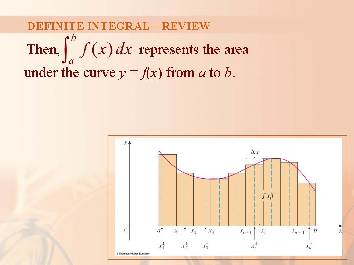 DEFINITE INTEGRAL—REVIEW Then, represents the area under the curve y = f(x) from a