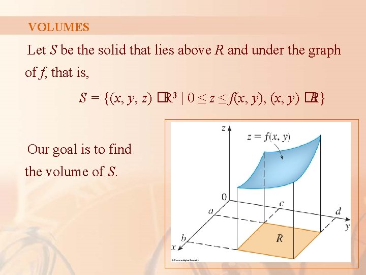 VOLUMES Let S be the solid that lies above R and under the graph