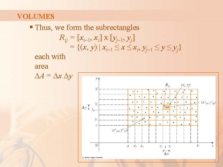 VOLUMES § Thus, we form the subrectangles Rij = [xi– 1, xi] x [yj–