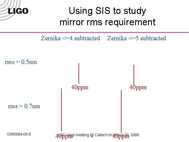 Using SIS to study mirror rms requirement Zernike <=4 subtracted Zernike <=5 subtracted rms