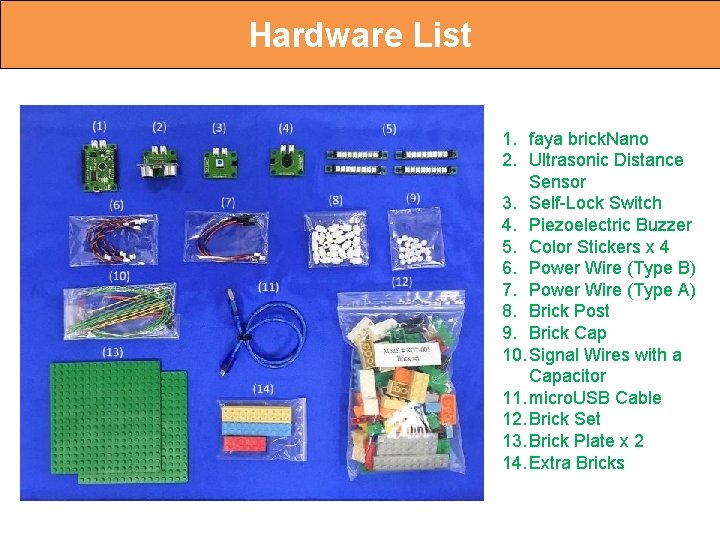 Hardware List 1. faya brick. Nano 2. Ultrasonic Distance Sensor 3. Self-Lock Switch 4.