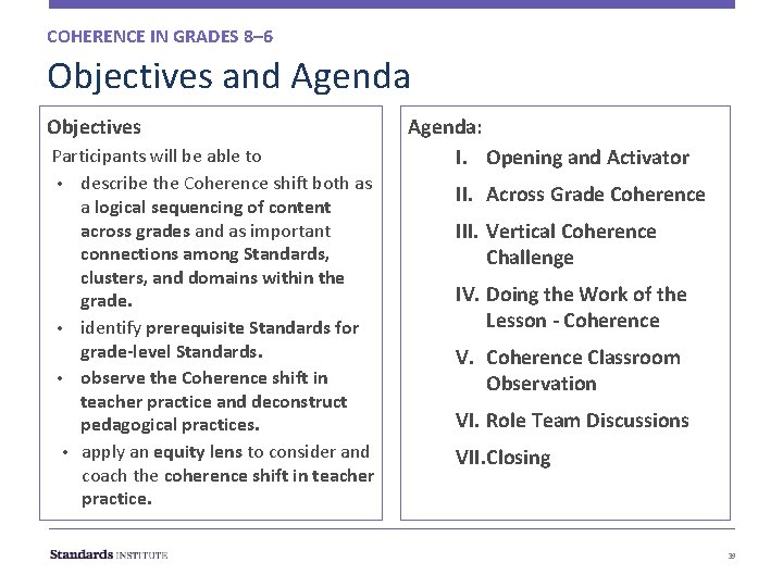 COHERENCE IN GRADES 8– 6 Objectives and Agenda Objectives Participants will be able to COHERENCE IN GRADES 8– 6 Objectives and Agenda Objectives Participants will be able to