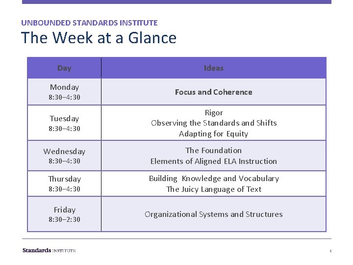 UNBOUNDED STANDARDS INSTITUTE The Week at a Glance Day Monday 8: 30– 4: 30 UNBOUNDED STANDARDS INSTITUTE The Week at a Glance Day Monday 8: 30– 4: 30