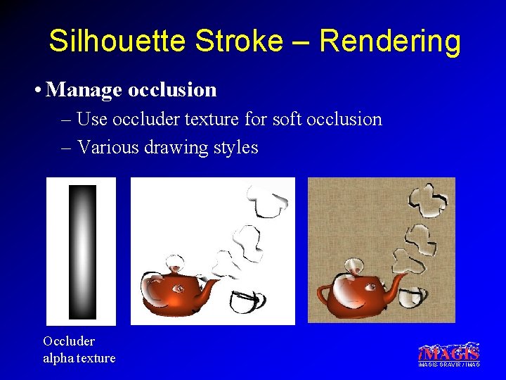 Silhouette Stroke – Rendering • Manage occlusion – Use occluder texture for soft occlusion