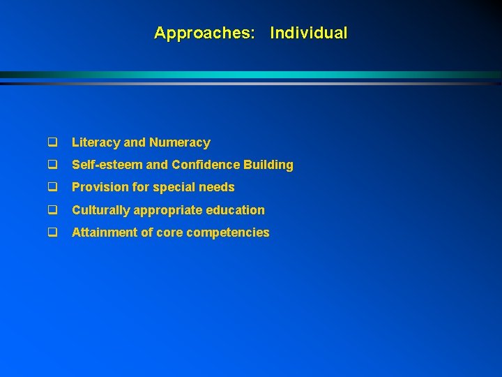 Approaches: Individual q Literacy and Numeracy q Self-esteem and Confidence Building q Provision for