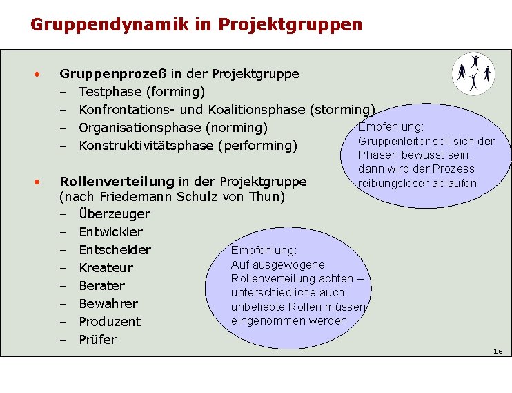 Gruppendynamik in Projektgruppen • • Gruppenprozeß in der Projektgruppe – Testphase (forming) – Konfrontations-