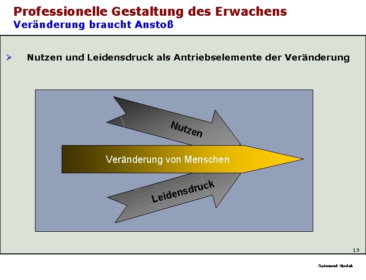 Professionelle Gestaltung des Erwachens Veränderung braucht Anstoß Ø Nutzen und Leidensdruck als Antriebselemente der