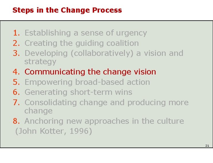 Steps in the Change Process 1. Establishing a sense of urgency 2. Creating the