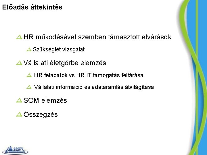 Előadás áttekintés HR működésével szemben támasztott elvárások Szükséglet vizsgálat Vállalati életgörbe elemzés HR feladatok