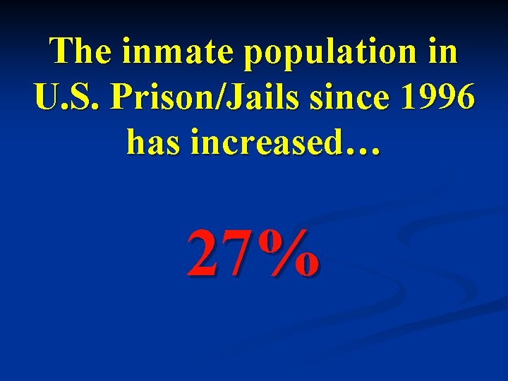 The inmate population in U. S. Prison/Jails since 1996 has increased… 27% 