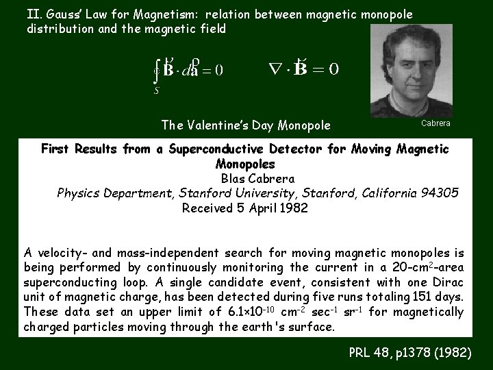 II. Gauss’ Law for Magnetism: relation between magnetic monopole distribution and the magnetic field