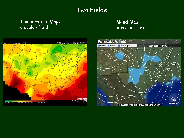 Two Fields Temperature Map: a scalar field Wind Map: a vector field 