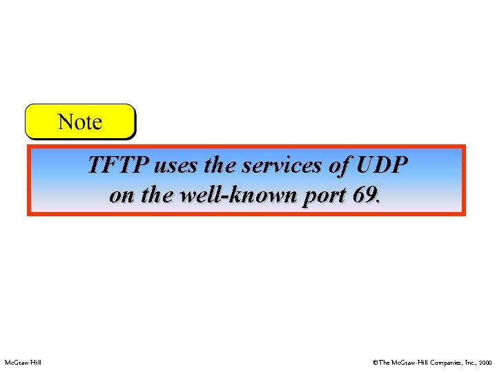 TFTP uses the services of UDP on the well-known port 69. Mc. Graw-Hill ©The