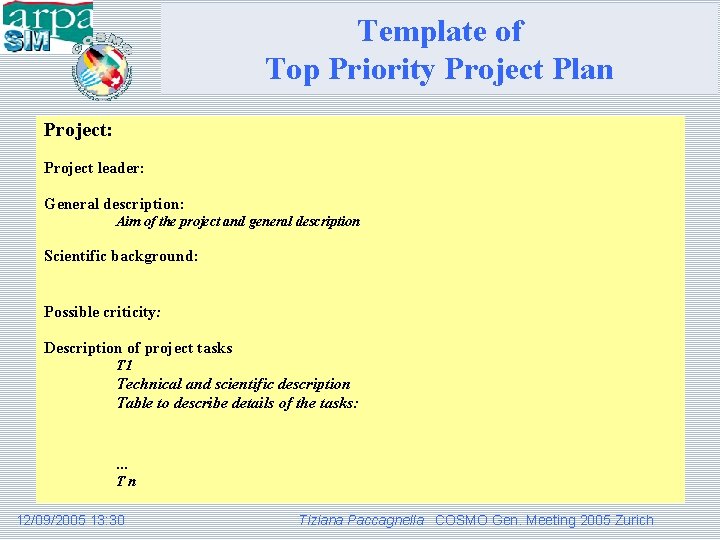 Template of Top Priority Project Plan Project: Project leader: General description: Aim of the