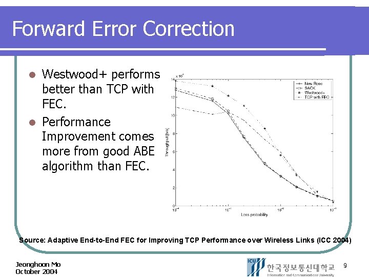 Forward Error Correction Westwood+ performs better than TCP with FEC. l Performance Improvement comes