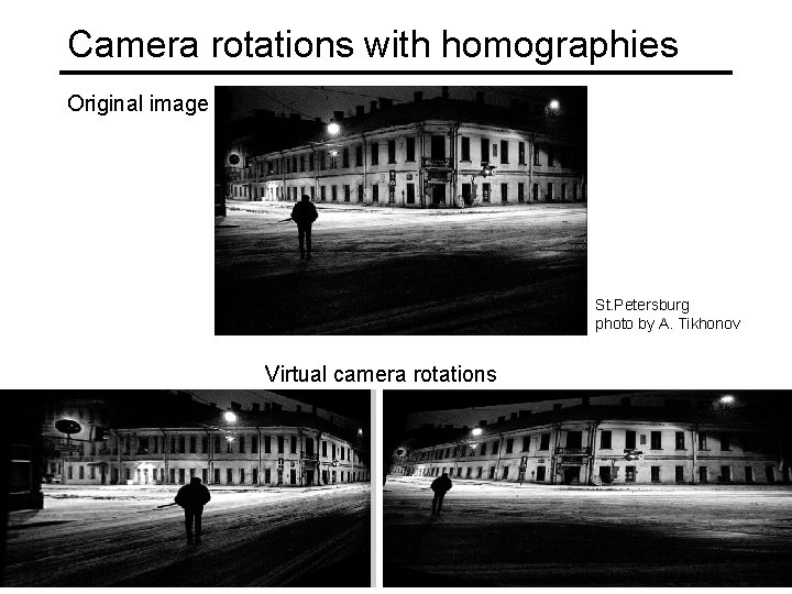 Camera rotations with homographies Original image St. Petersburg photo by A. Tikhonov Virtual camera