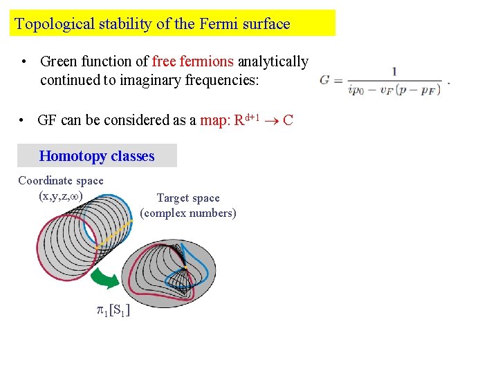 Topological stability of the Fermi surface • Green function of free fermions analytically continued