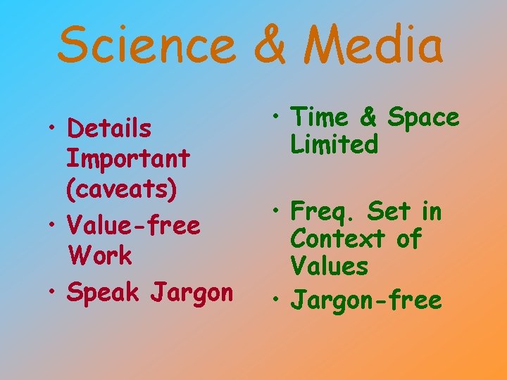 Science & Media • Details Important (caveats) • Value-free Work • Speak Jargon •