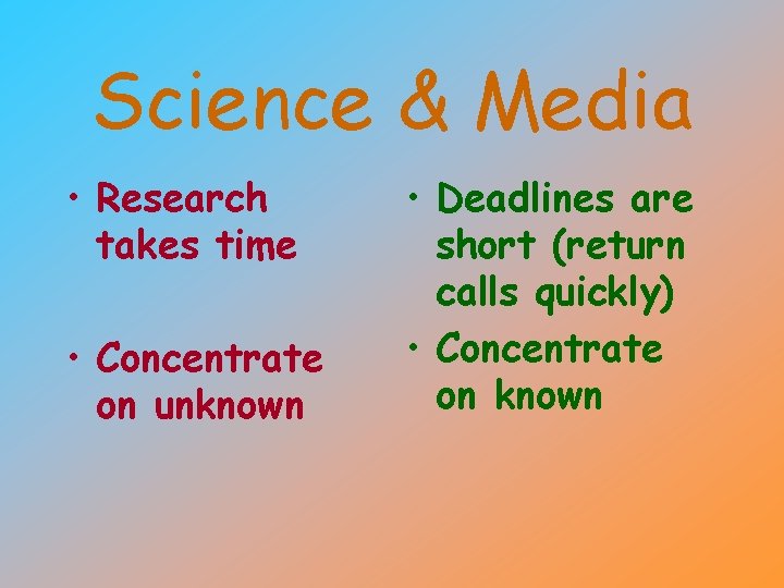 Science & Media • Research takes time • Concentrate on unknown • Deadlines are