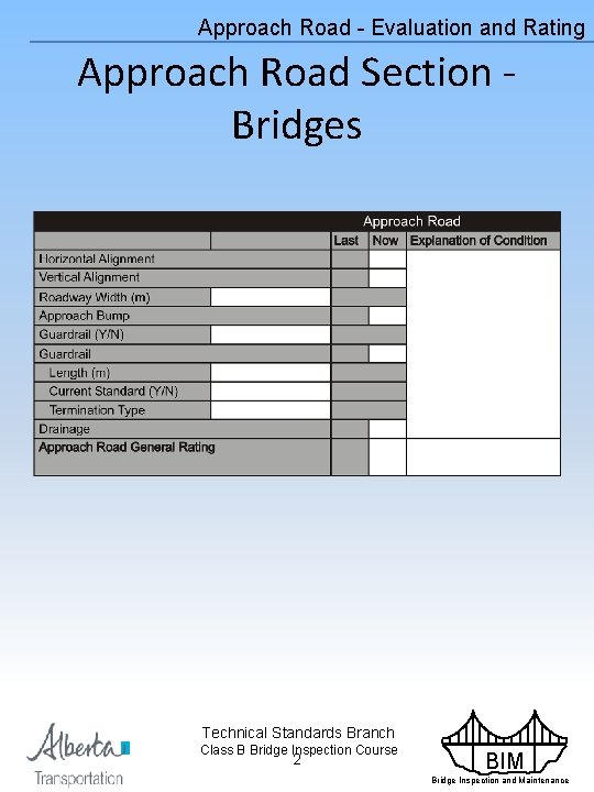 Approach Road - Evaluation and Rating Approach Road Section Bridges Technical Standards Branch Class