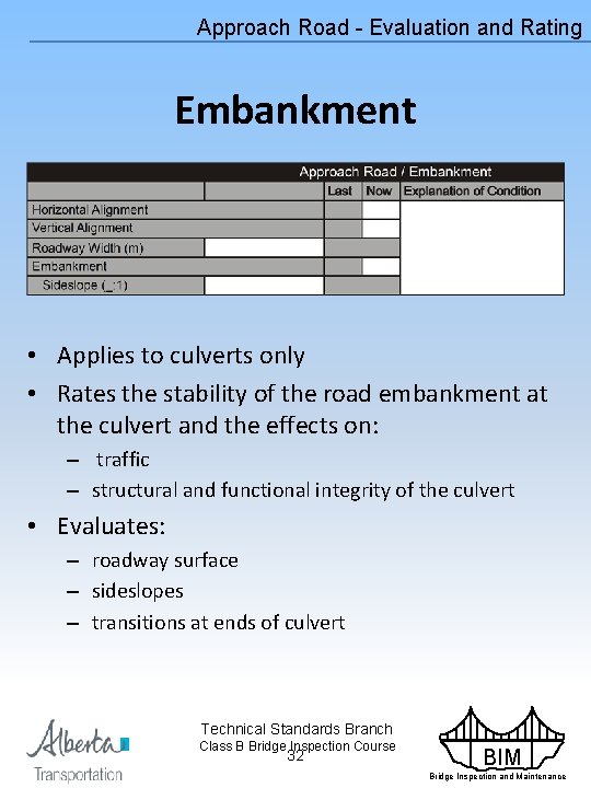 Approach Road - Evaluation and Rating Embankment • Applies to culverts only • Rates