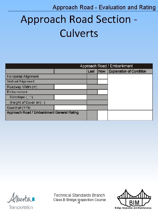 Approach Road - Evaluation and Rating Approach Road Section Culverts Technical Standards Branch Class