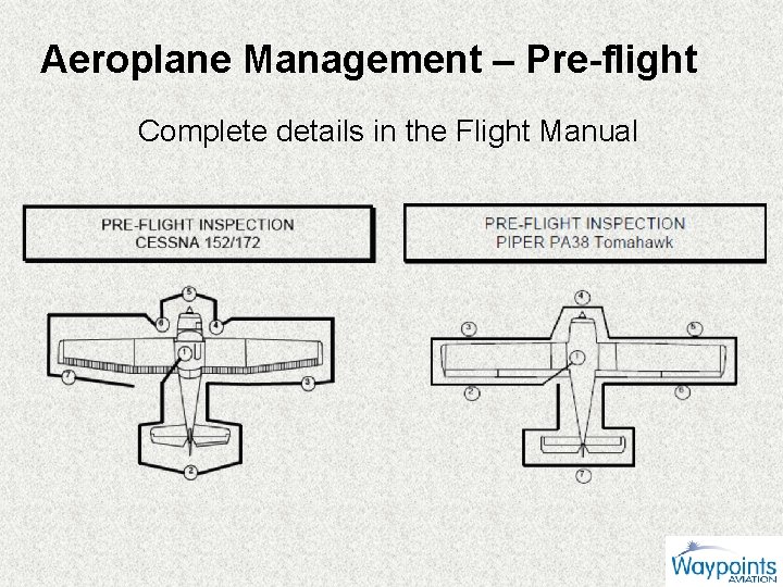 Aeroplane Management – Pre-flight Complete details in the Flight Manual 