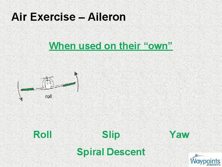Air Exercise – Aileron When used on their “own” Roll Slip Spiral Descent Yaw
