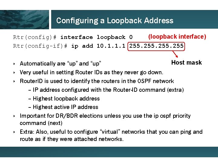 Configuring a Loopback Address (loopback interface) Rtr(config)# interface loopback 0 Rtr(config-if)# ip add 10.