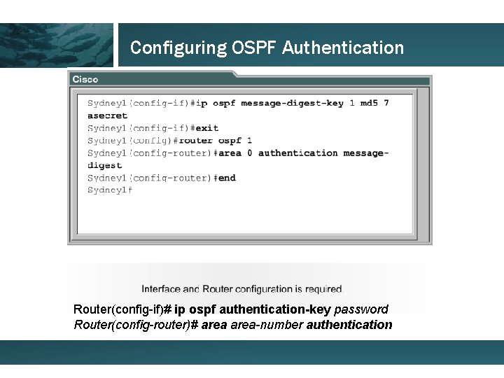 Configuring OSPF Authentication Router(config-if)# ip ospf authentication-key password Router(config-router)# area-number authentication 