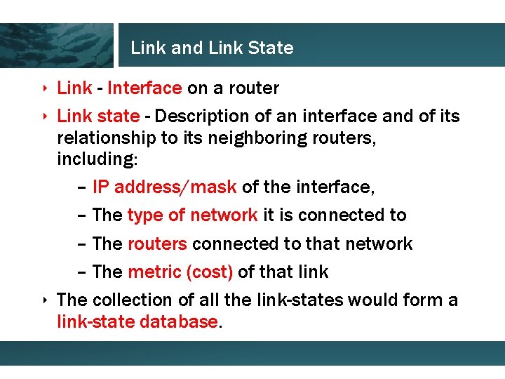 Link and Link State ‣ Link - Interface on a router ‣ Link state