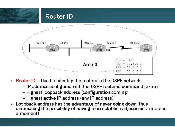 Router ID ‣ Router ID – Used to identify the routers in the OSPF