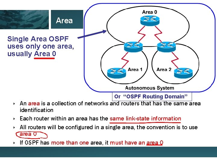 Area Single Area OSPF uses only one area, usually Area 0 Or “OSPF Routing