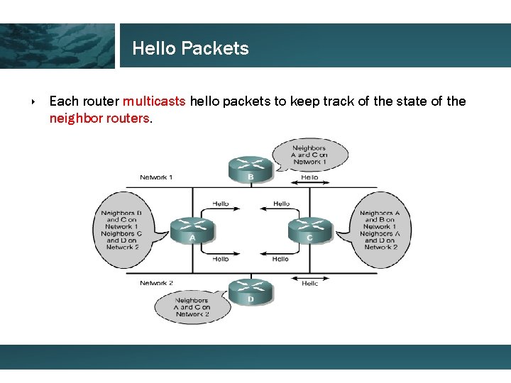 Hello Packets ‣ Each router multicasts hello packets to keep track of the state