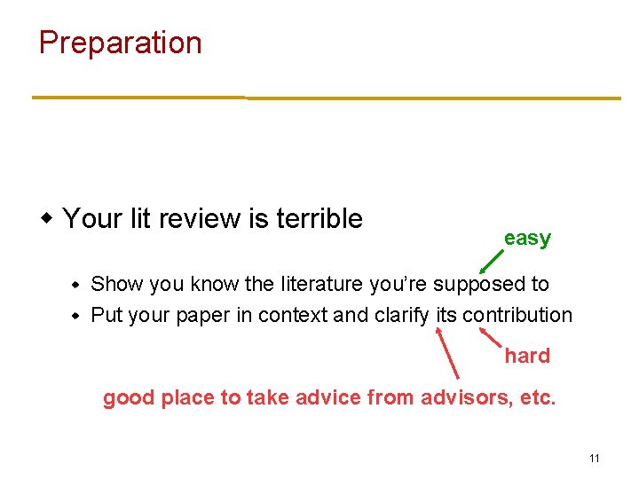 Preparation w Your lit review is terrible easy Show you know the literature you’re